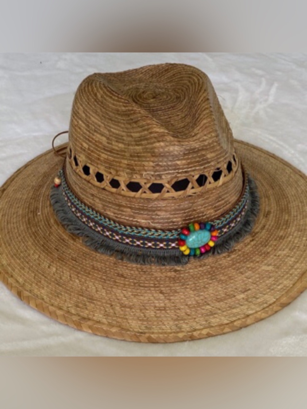 Artisan Mexican Straw Fedora Hat with Turquoise Bead Accent